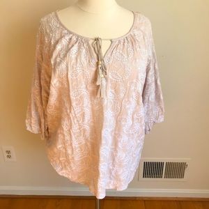 Tan and White 2X Embroidered Peasant Blouse
